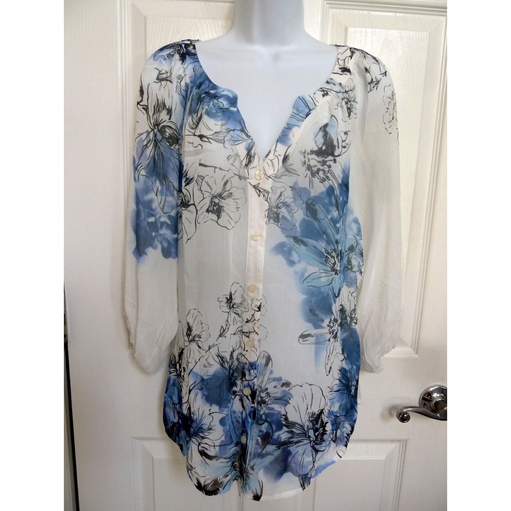 AB Studio Women Blouse Large Blue White Floral Sheer Gauzy Balloon Sleeve 0446N5